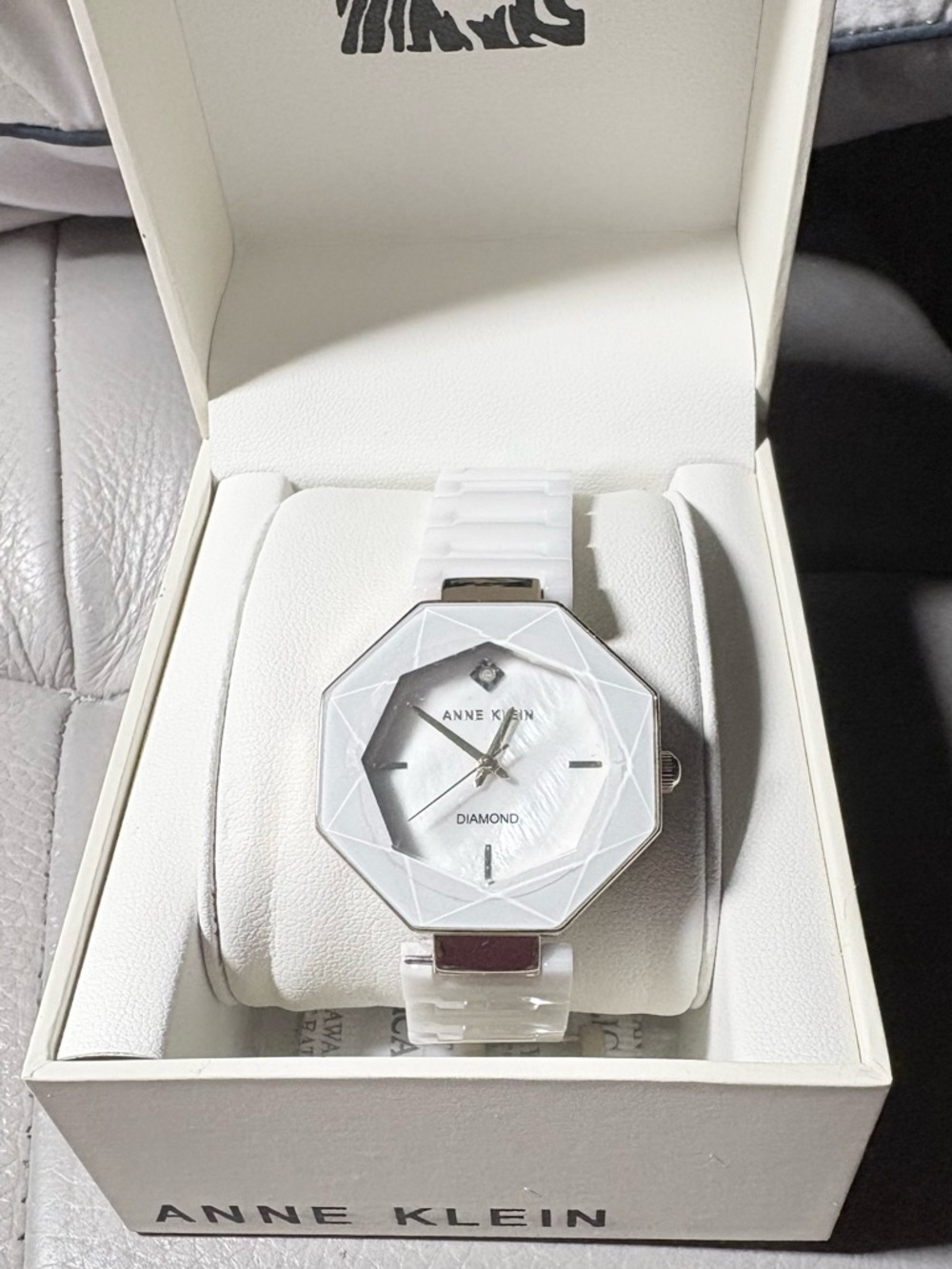Anne Klein White Ceramic Octagonal Diamond Accent Watch